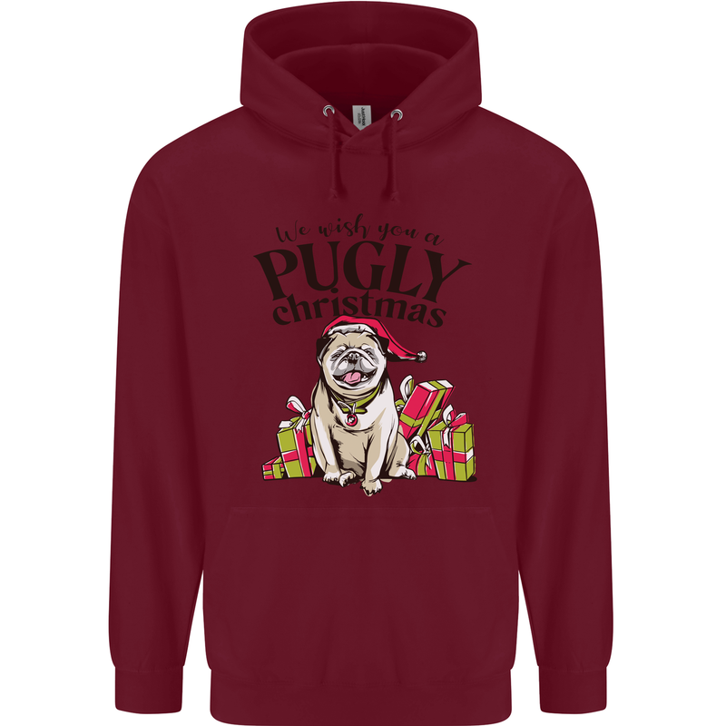 We Wish You a Pugly Christmas Funny Pug Mens 80% Cotton Hoodie Maroon