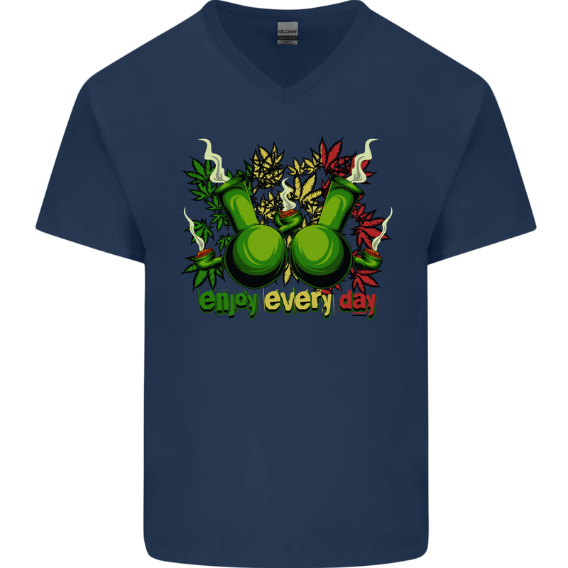 Weed Enjoy Every Day Cannabis Drugs Bong Mens V-Neck Cotton T-Shirt Navy Blue