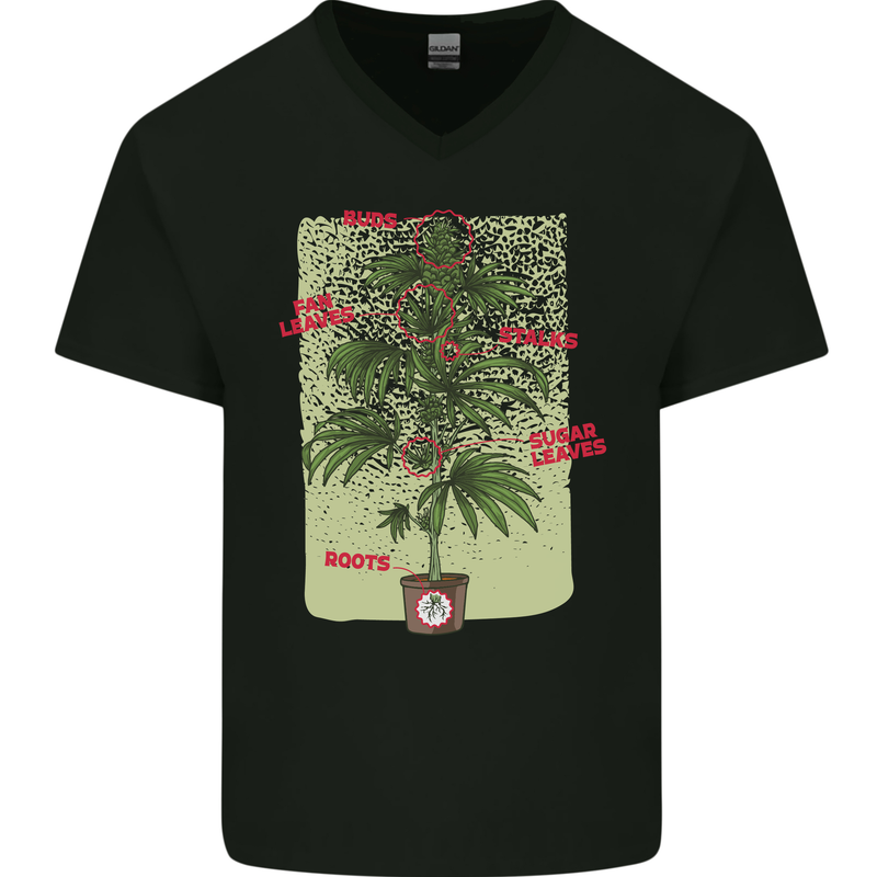 Weed Plant Cannabis Bud Drugs Marijuana Mens V-Neck Cotton T-Shirt Black
