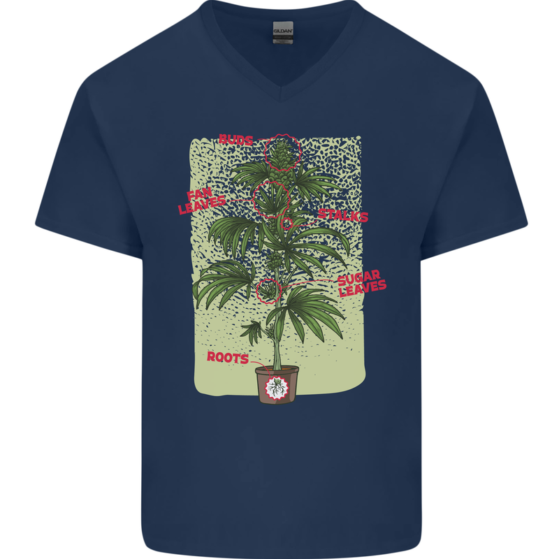 Weed Plant Cannabis Bud Drugs Marijuana Mens V-Neck Cotton T-Shirt Navy Blue