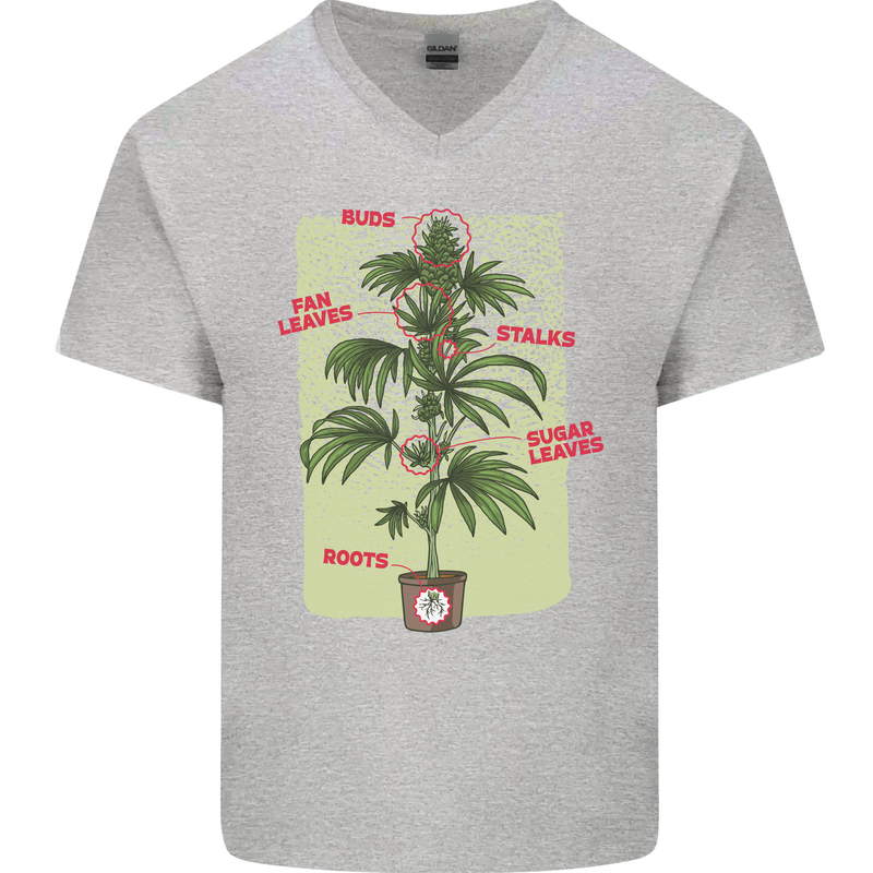 Weed Plant Cannabis Bud Drugs Marijuana Mens V-Neck Cotton T-Shirt Sports Grey