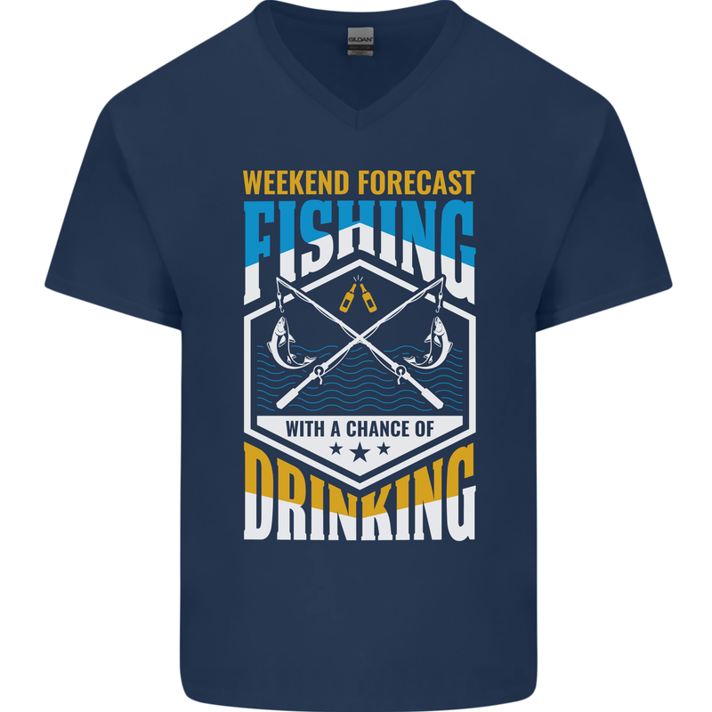 Weekend Fishing Funny Alcohol Beer Mens V-Neck Cotton T-Shirt Navy Blue