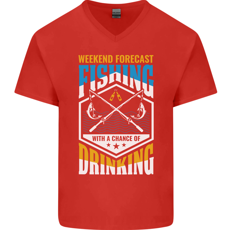 Weekend Fishing Funny Alcohol Beer Mens V-Neck Cotton T-Shirt Red
