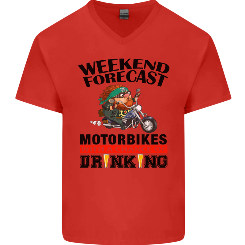 Weekend Forecast Motorbikes Mens V-Neck Cotton T-Shirt Red