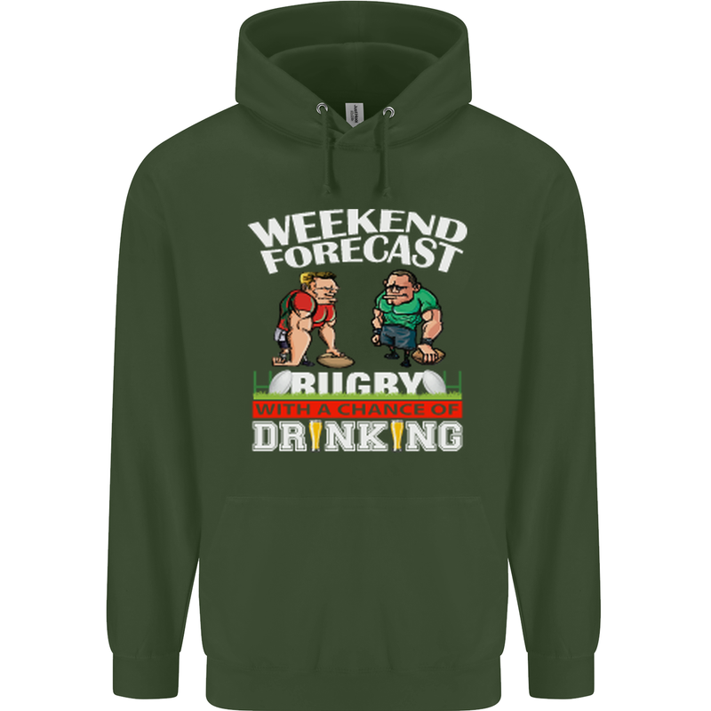 Weekend Forecast Rugby Funny Beer Alcohol Mens 80% Cotton Hoodie Forest Green
