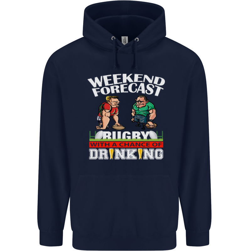 Weekend Forecast Rugby Funny Beer Alcohol Mens 80% Cotton Hoodie Navy Blue