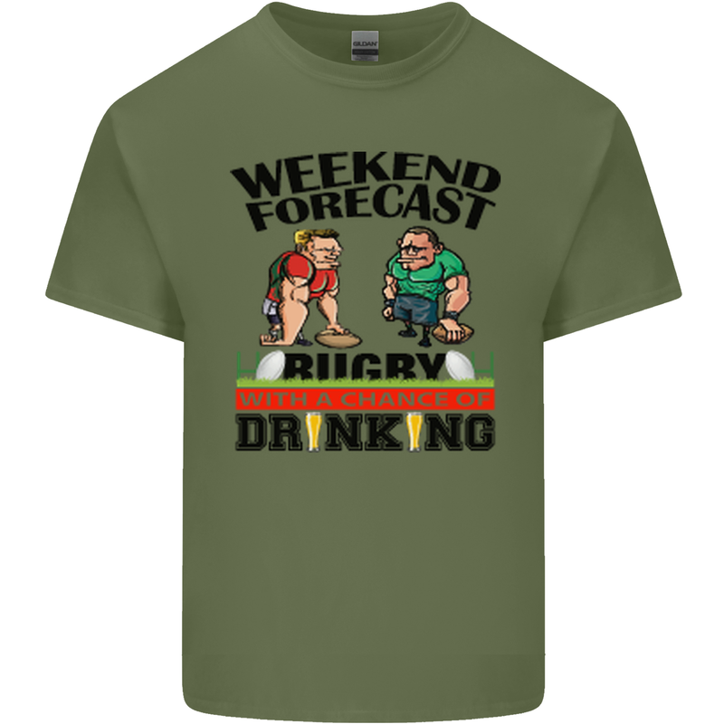 Weekend Forecast Rugby Funny Beer Alcohol Mens Cotton T-Shirt Tee Top Military Green