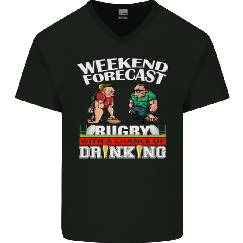 Weekend Forecast Rugby Funny Beer Alcohol Mens V-Neck Cotton T-Shirt Black