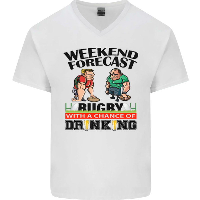 Weekend Forecast Rugby Funny Beer Alcohol Mens V-Neck Cotton T-Shirt White