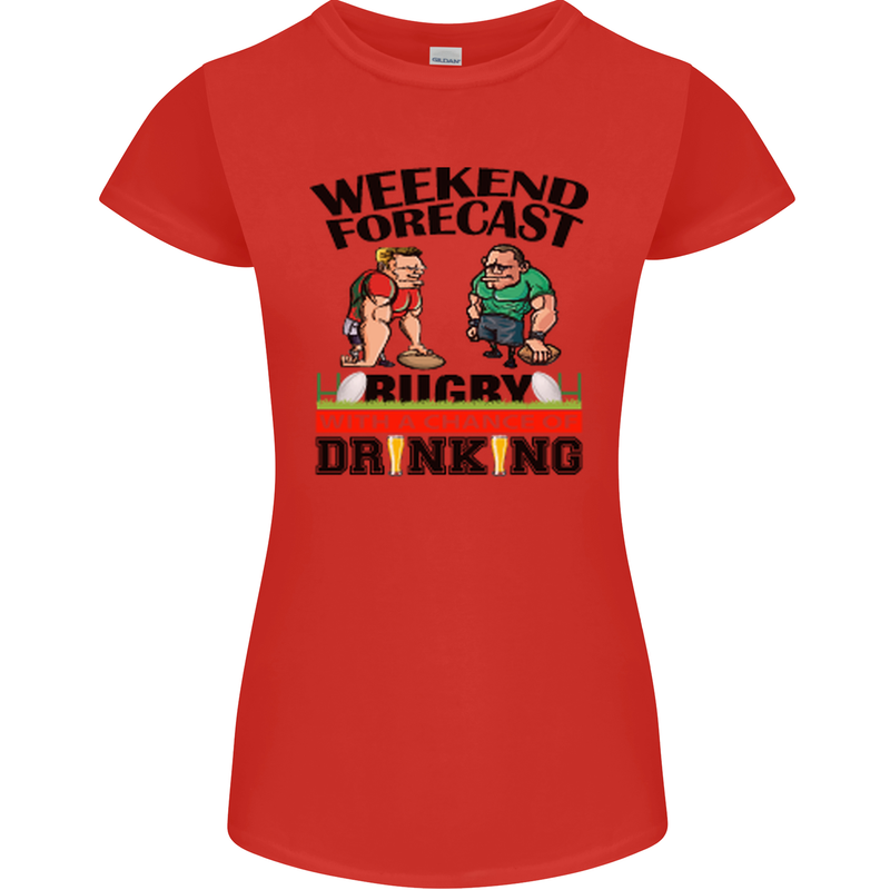 Weekend Forecast Rugby Funny Beer Alcohol Womens Petite Cut T-Shirt Red