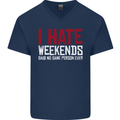 Weekends Funny Beer Alcohol Camping Cycling Mens V-Neck Cotton T-Shirt Navy Blue