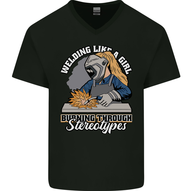 Welding Like a Girl Funny Welder Mens V-Neck Cotton T-Shirt Black