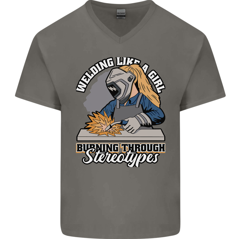 Welding Like a Girl Funny Welder Mens V-Neck Cotton T-Shirt Charcoal