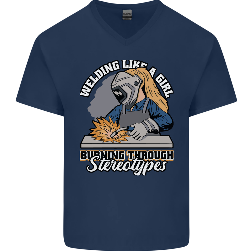 Welding Like a Girl Funny Welder Mens V-Neck Cotton T-Shirt Navy Blue