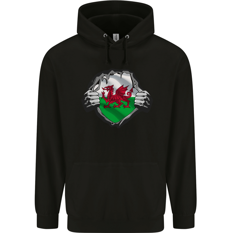 Welsh Flag St Davids Day Ripped Gym Wales Childrens Kids Hoodie Black