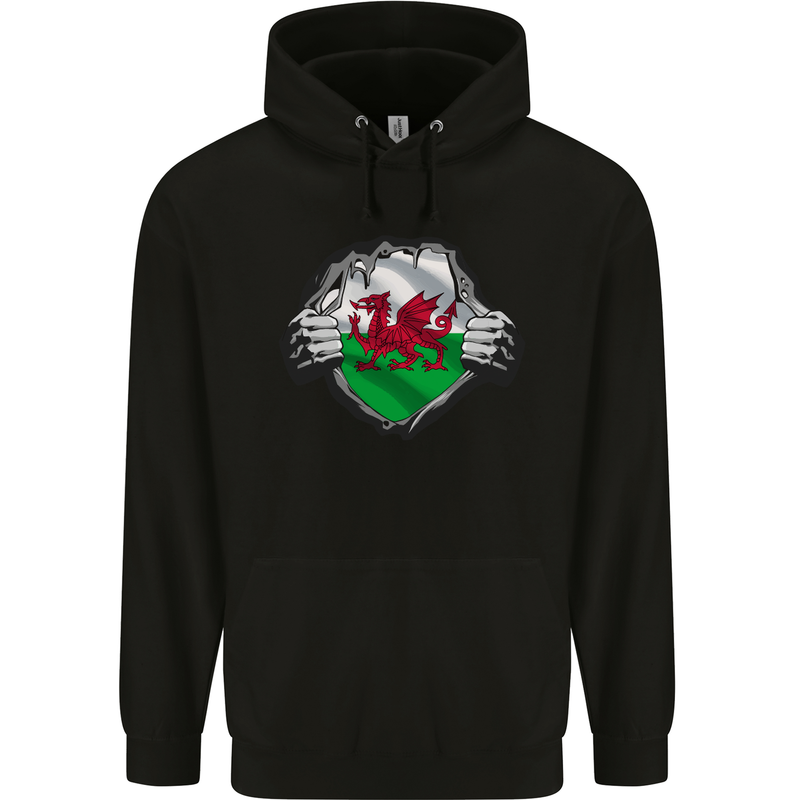 Welsh Flag St Davids Day Ripped Gym Wales Mens 80% Cotton Hoodie Black