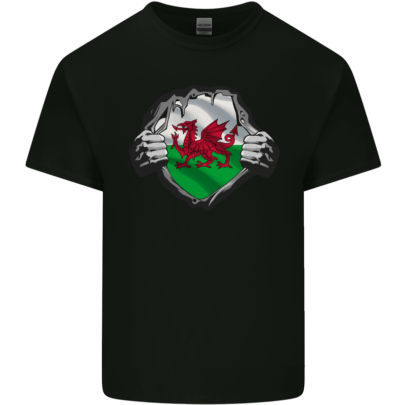 Welsh Flag St Davids Day Ripped Gym Wales Mens Cotton T-Shirt Tee Top Black