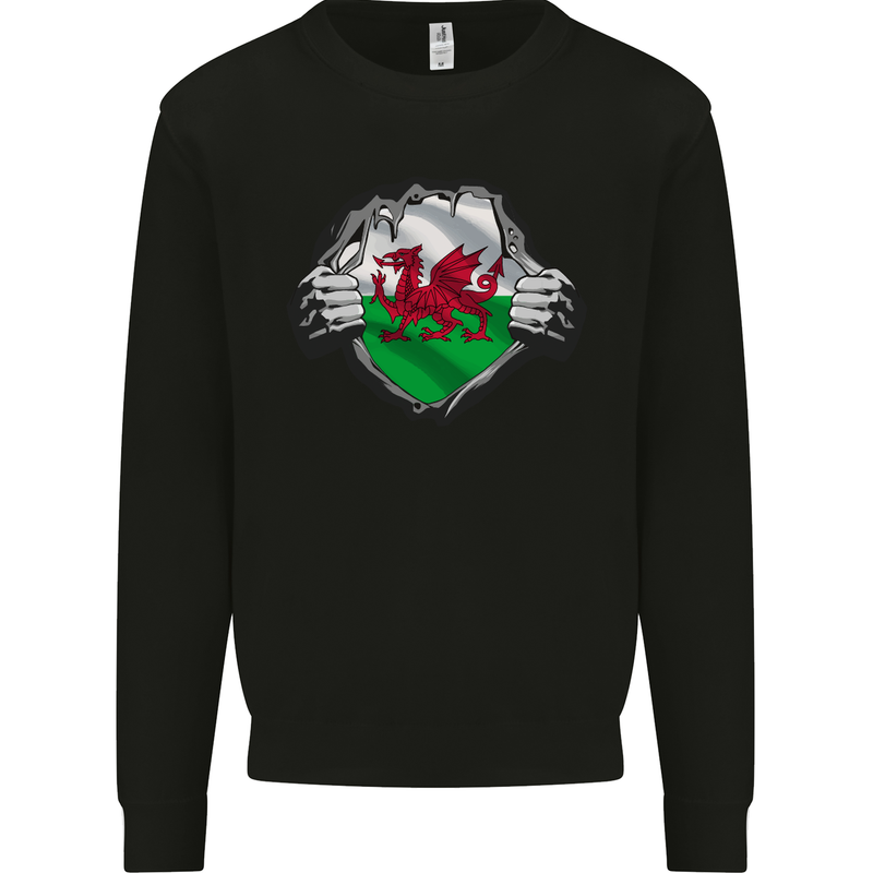 Welsh Flag St Davids Day Ripped Gym Wales Mens Sweatshirt Jumper Black