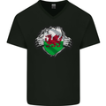 Welsh Flag St Davids Day Ripped Gym Wales Mens V-Neck Cotton T-Shirt Black