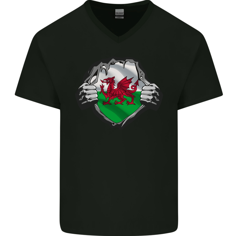 Welsh Flag St Davids Day Ripped Gym Wales Mens V-Neck Cotton T-Shirt Black