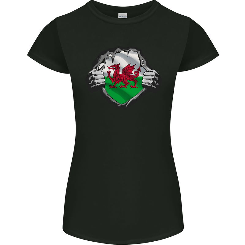 Welsh Flag St Davids Day Ripped Gym Wales Womens Petite Cut T-Shirt Black