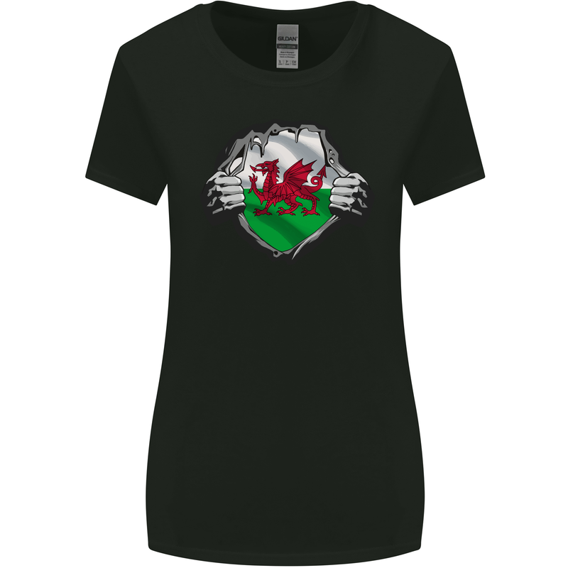 Welsh Flag St Davids Day Ripped Gym Wales Womens Wider Cut T-Shirt Black