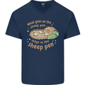 What Goes On In the Sheep Pen Farming Mens V-Neck Cotton T-Shirt Navy Blue
