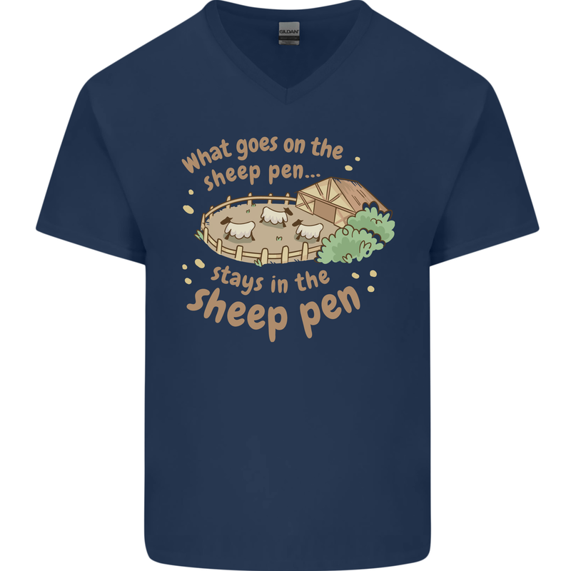 What Goes On In the Sheep Pen Farming Mens V-Neck Cotton T-Shirt Navy Blue