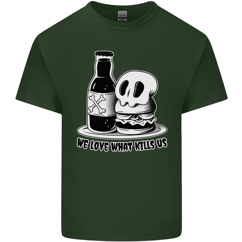 What We Love Kills Us Burger Food Skull Mens Cotton T-Shirt Tee Top Forest Green