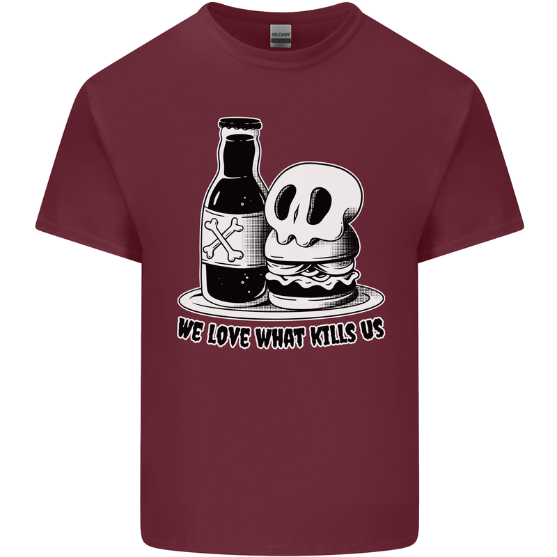 What We Love Kills Us Burger Food Skull Mens Cotton T-Shirt Tee Top Maroon