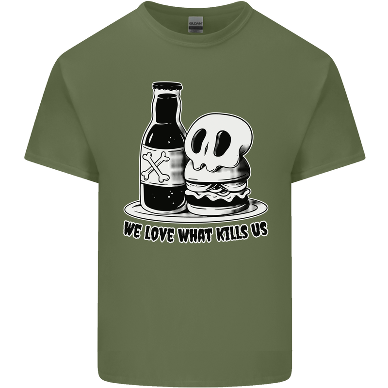 What We Love Kills Us Burger Food Skull Mens Cotton T-Shirt Tee Top Military Green