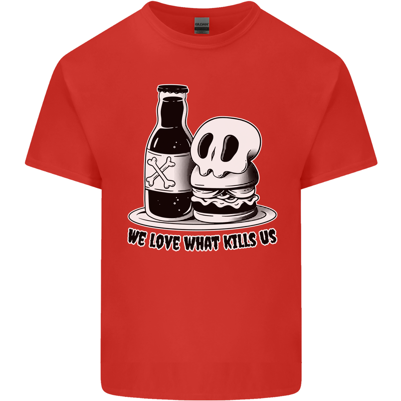 What We Love Kills Us Burger Food Skull Mens Cotton T-Shirt Tee Top Red