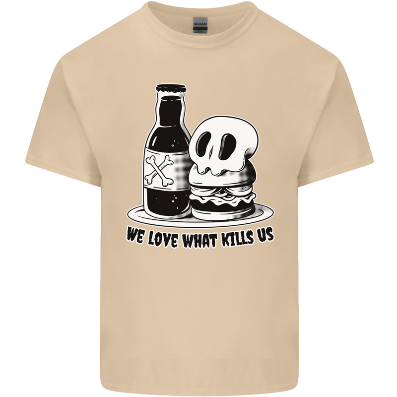 What We Love Kills Us Burger Food Skull Mens Cotton T-Shirt Tee Top Sand
