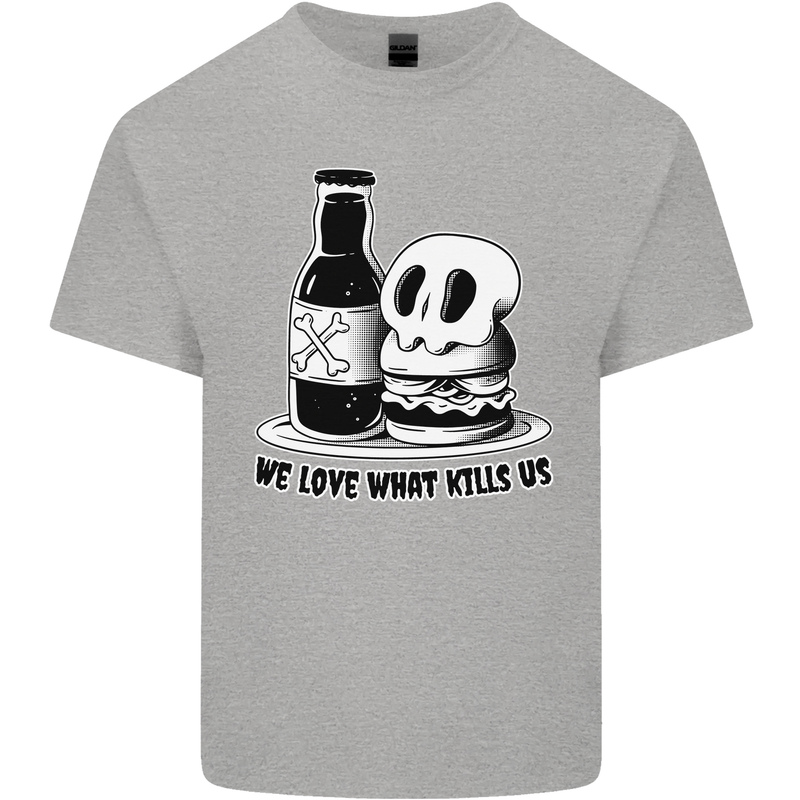 What We Love Kills Us Burger Food Skull Mens Cotton T-Shirt Tee Top Sports Grey