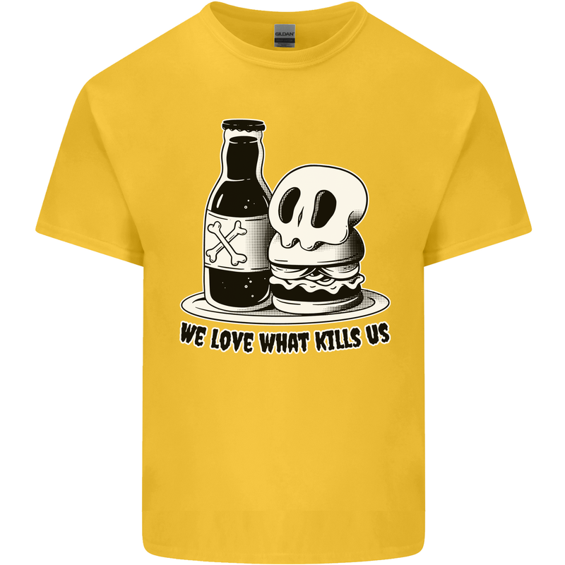 What We Love Kills Us Burger Food Skull Mens Cotton T-Shirt Tee Top Yellow