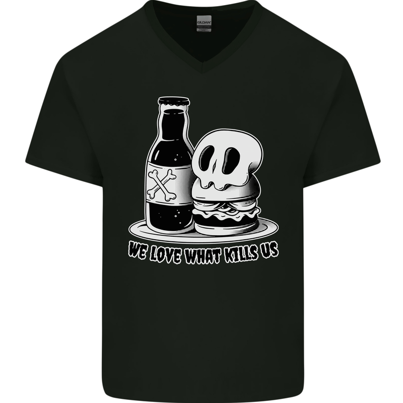 What We Love Kills Us Burger Food Skull Mens V-Neck Cotton T-Shirt Black