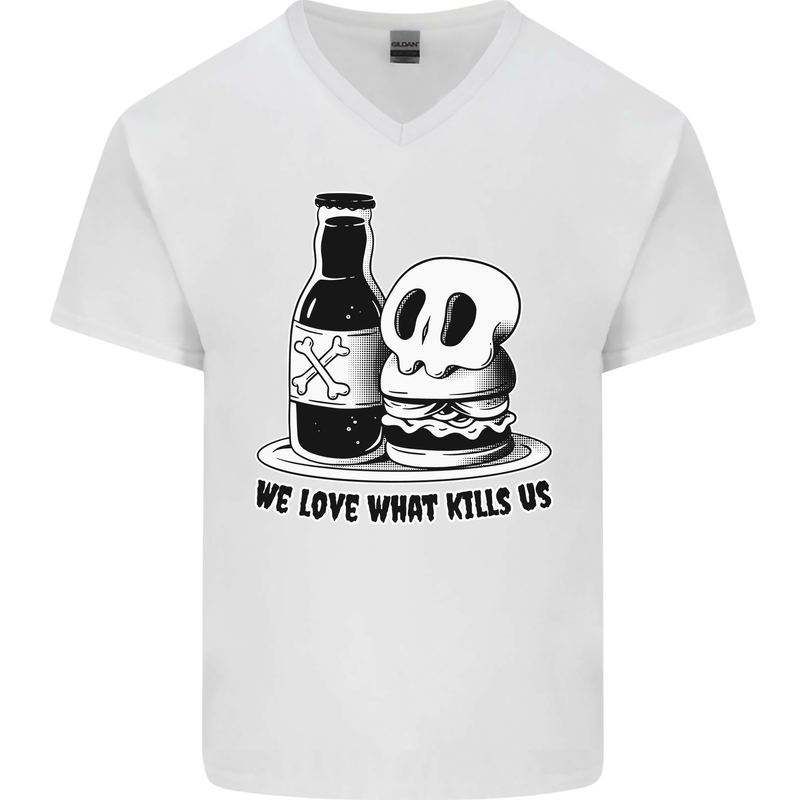 What We Love Kills Us Burger Food Skull Mens V-Neck Cotton T-Shirt White