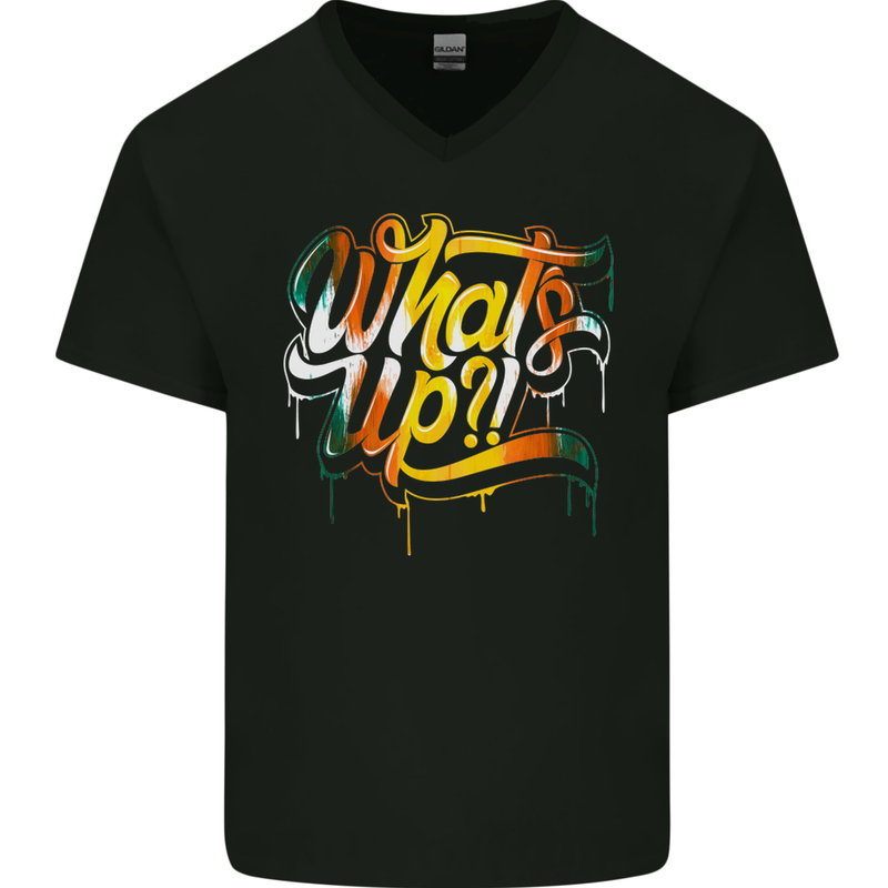 What's up? Colourful Slogan Mens V-Neck Cotton T-Shirt Black