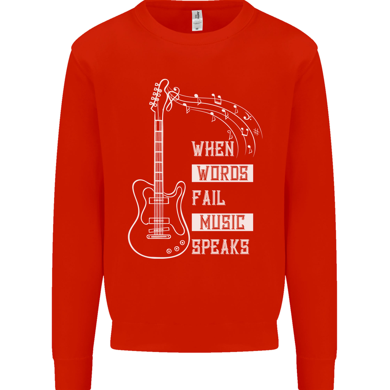 When Words Fail Music Speaks Guitar Kids Sweatshirt Jumper Bright Red