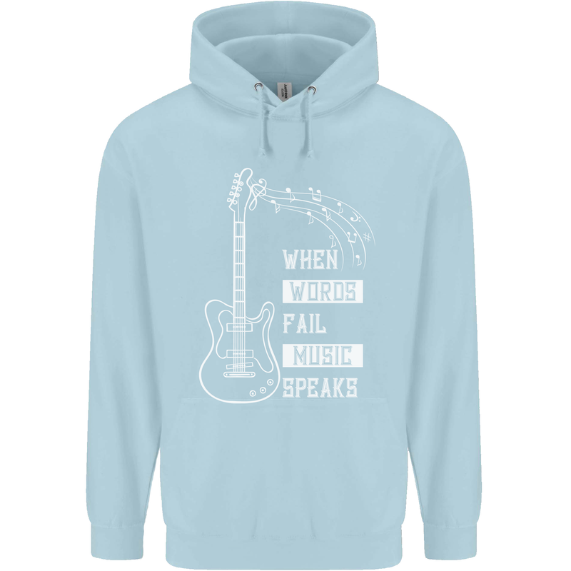 When Words Fail Music Speaks Guitar Mens 80% Cotton Hoodie Light Blue