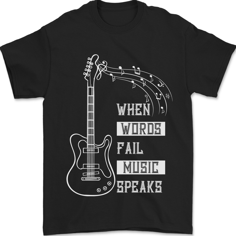 When Words Fail Music Speaks Guitar Mens T-Shirt 100% Cotton Black