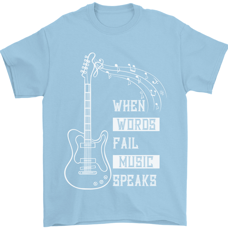 When Words Fail Music Speaks Guitar Mens T-Shirt 100% Cotton Light Blue