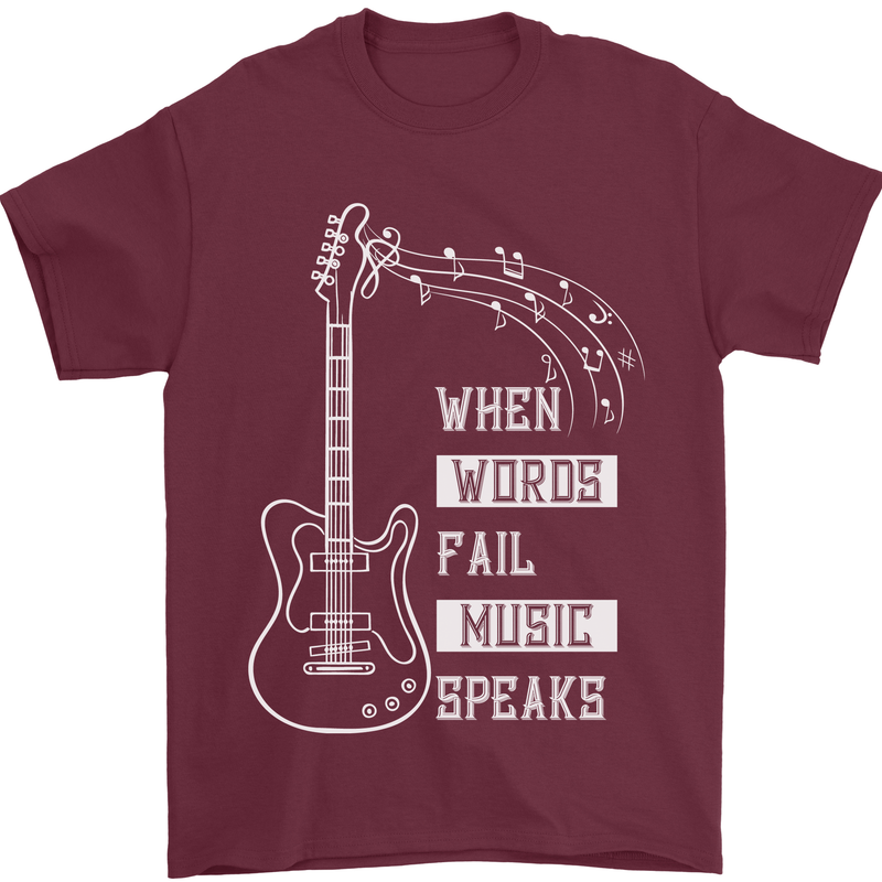 When Words Fail Music Speaks Guitar Mens T-Shirt 100% Cotton Maroon