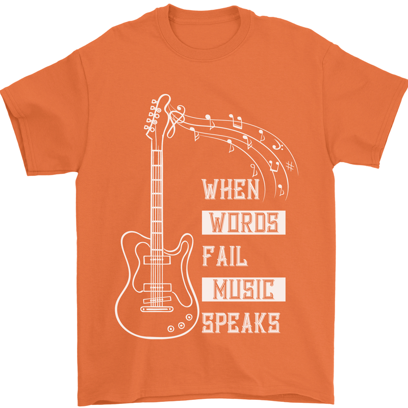 When Words Fail Music Speaks Guitar Mens T-Shirt 100% Cotton Orange