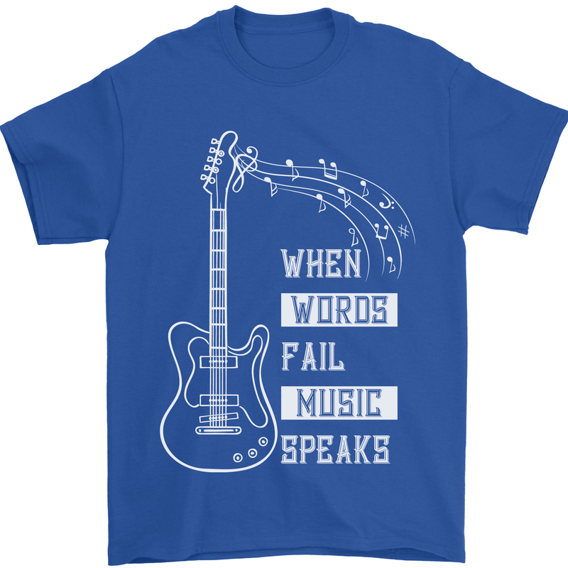 When Words Fail Music Speaks Guitar Mens T-Shirt 100% Cotton Royal Blue