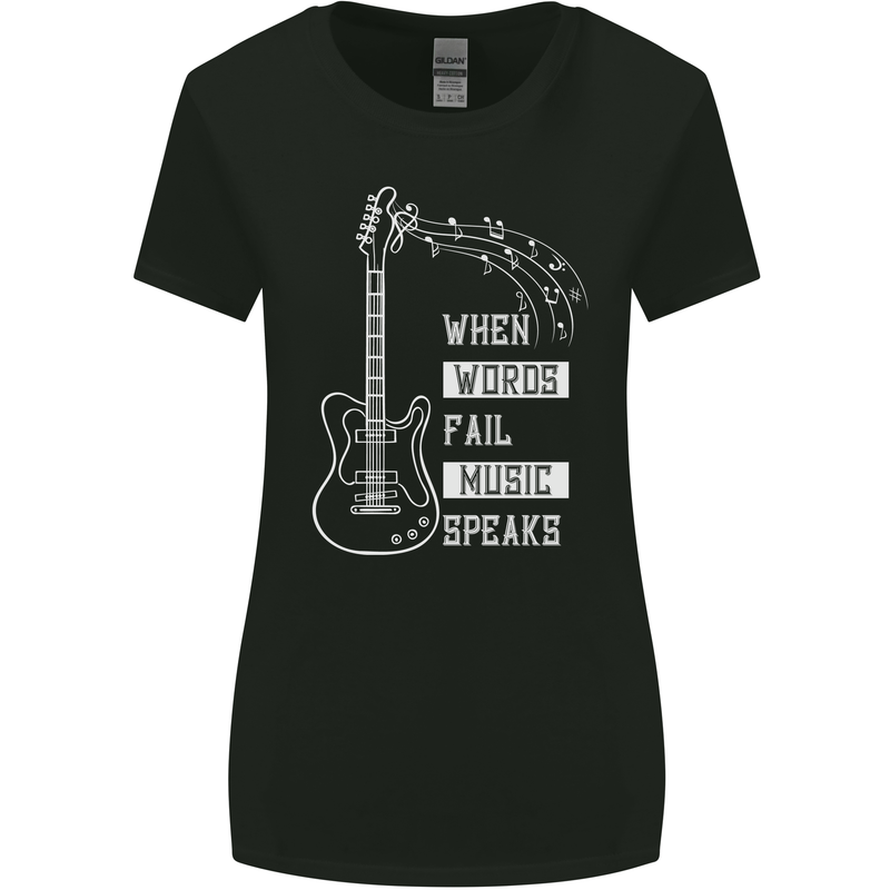 When Words Fail Music Speaks Guitar Womens Wider Cut T-Shirt Black