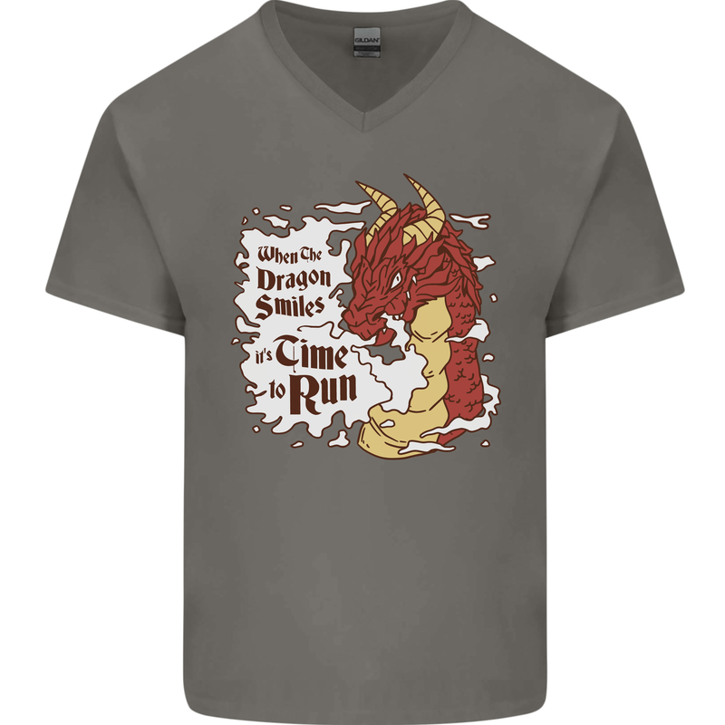 When a Dragon Smiles Fantasy RPG Mens V-Neck Cotton T-Shirt Charcoal