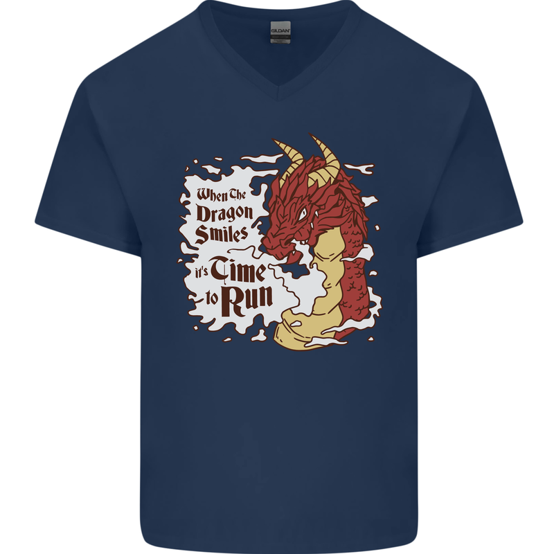 When a Dragon Smiles Fantasy RPG Mens V-Neck Cotton T-Shirt Navy Blue