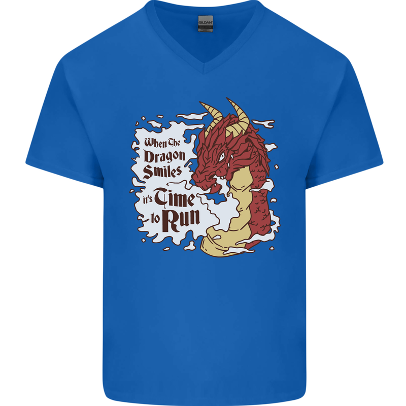 When a Dragon Smiles Fantasy RPG Mens V-Neck Cotton T-Shirt Royal Blue