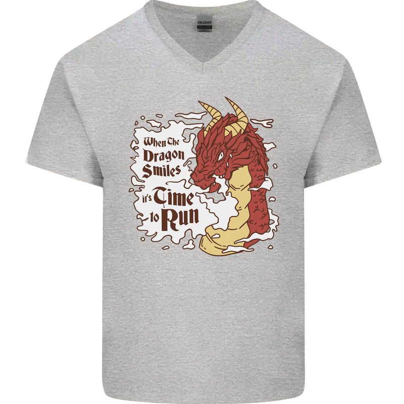 When a Dragon Smiles Fantasy RPG Mens V-Neck Cotton T-Shirt Sports Grey